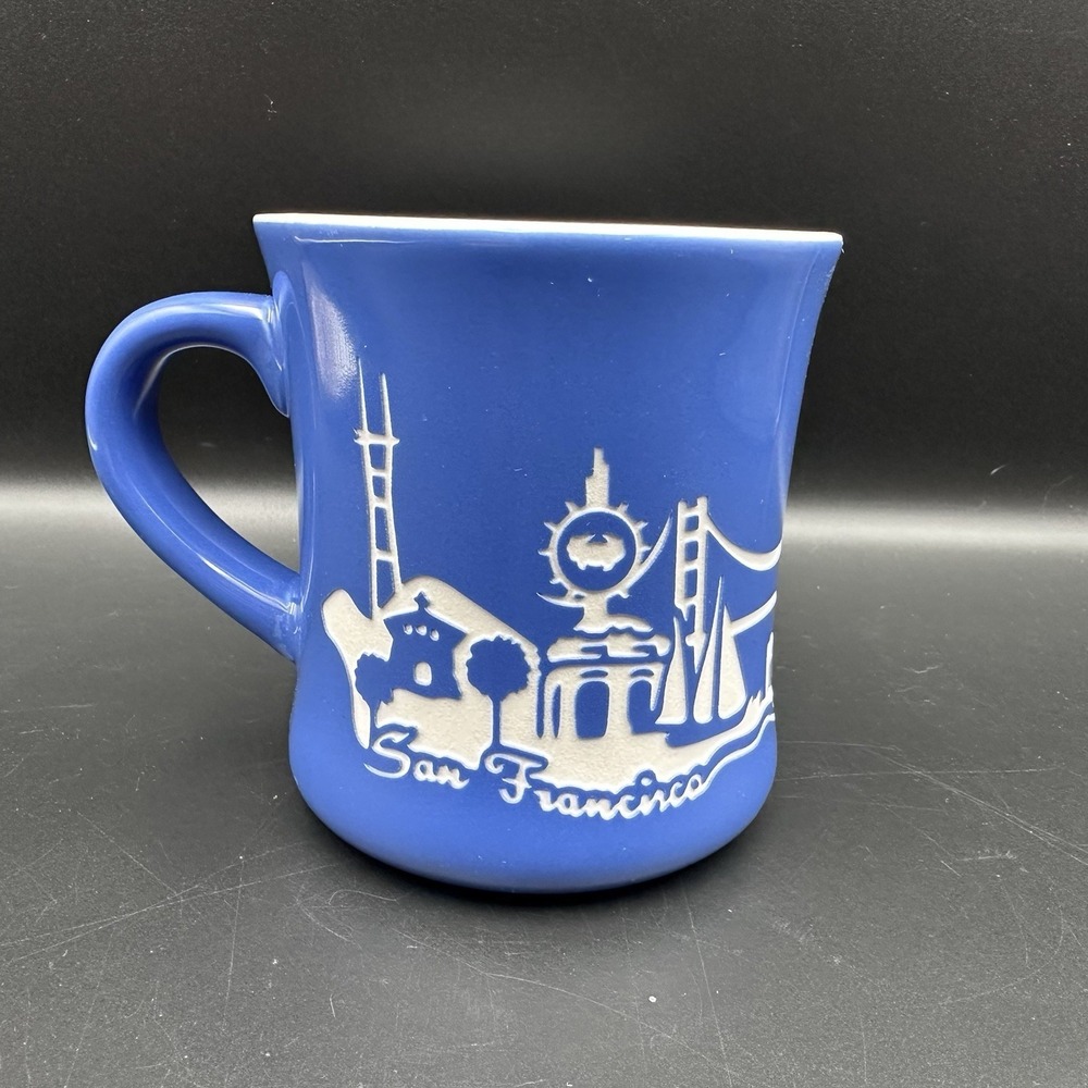 San Francisco Souvenir Coffee Tea Mug Blue White Etched